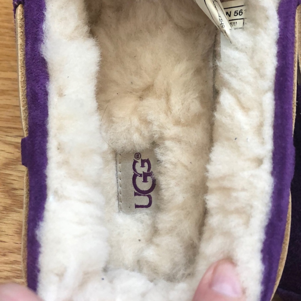 UGG Gray Suede Moccasin Slippers with Chestnut Laces and Shearling Lining - Picture 3 of 8